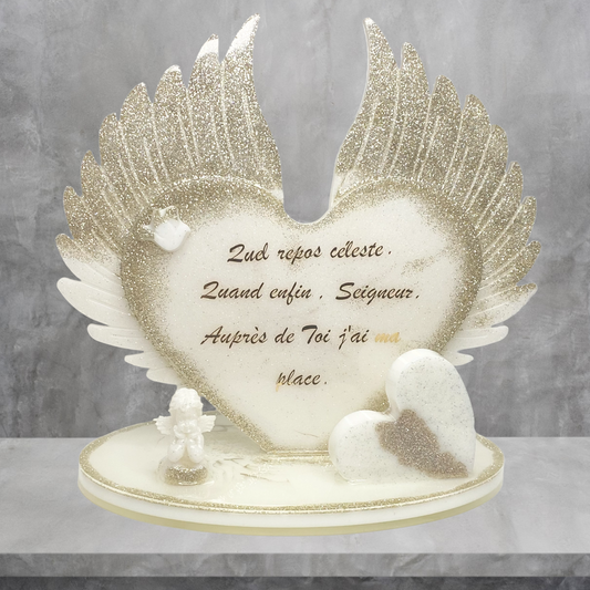 Plaque funéraire cœur ailes d'ange  fait mains en résine.